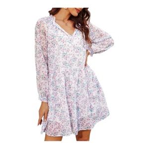 CBOO Women Floral Print A-Line Hem Long Lantern Puff Sleeve V-Neck Mini Dress M